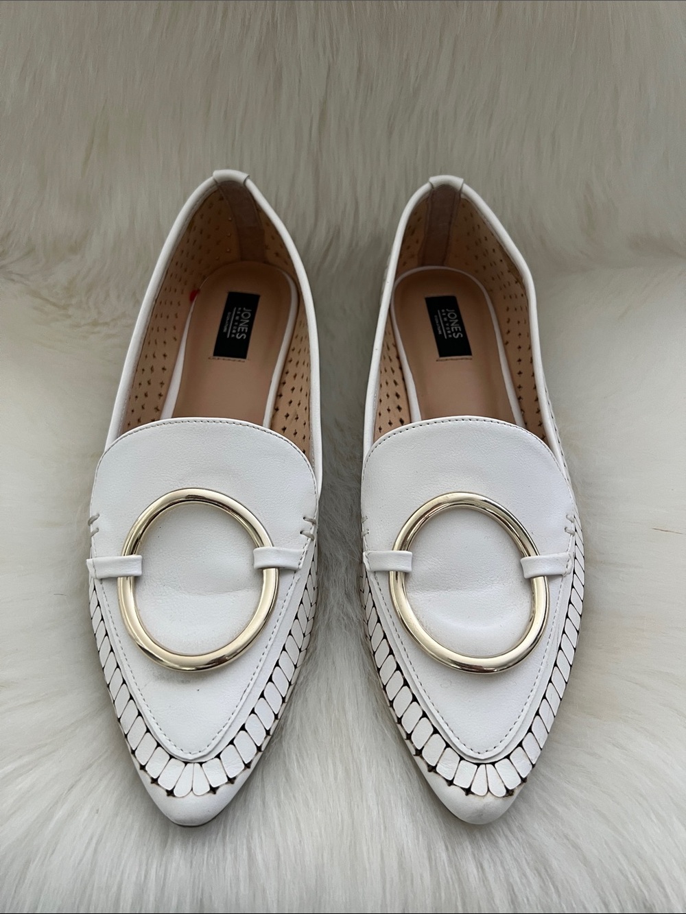 Jones New York White Pointed Loafers with Gold Ring Accent